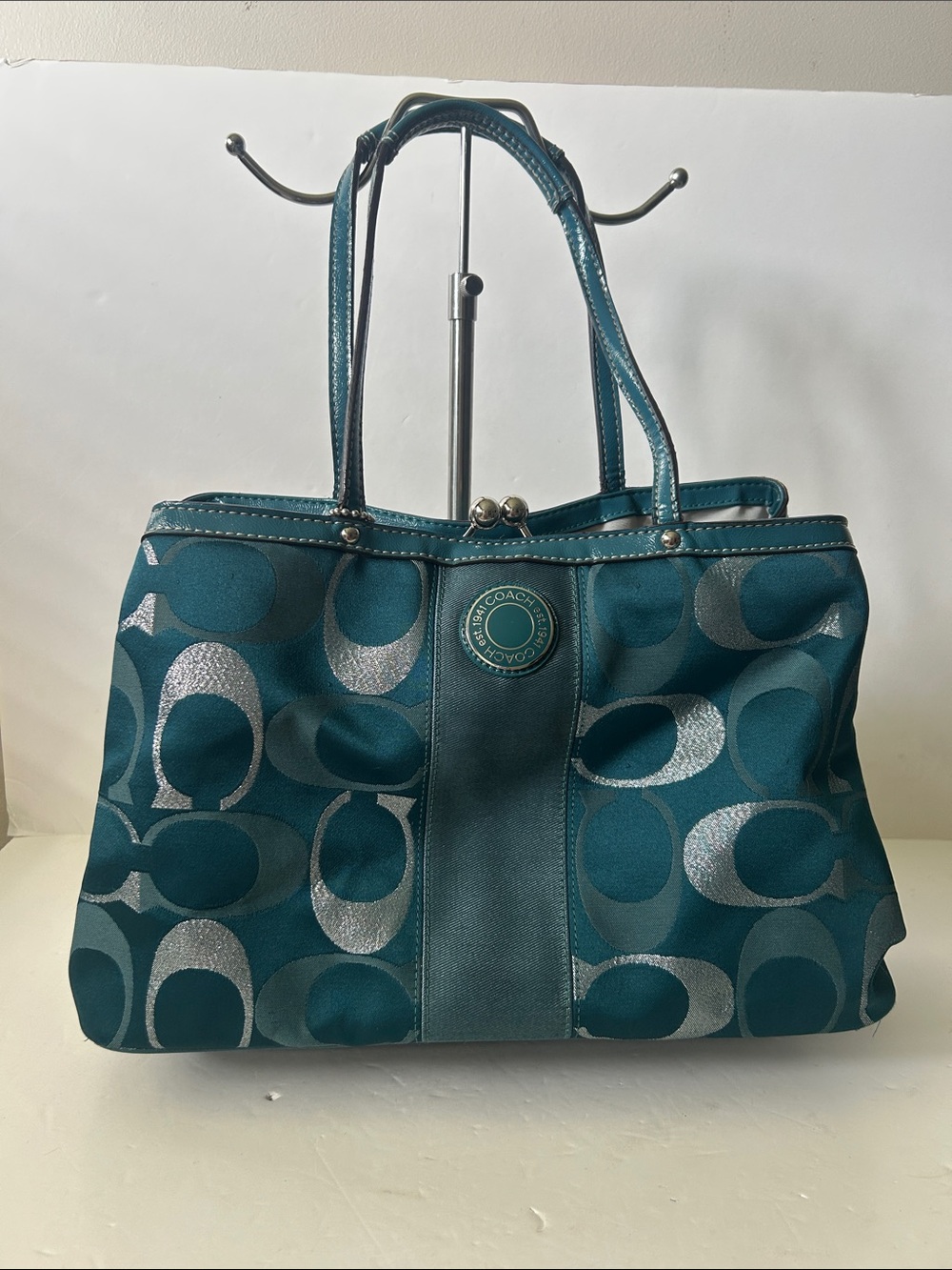 Coach Teal Signature Tote with Metallic Accents and Kiss Lock Boho So Nice!